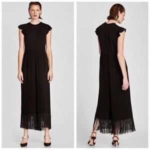 Zara Black Fringe hem ruffle sleeve jumpsuit size XS